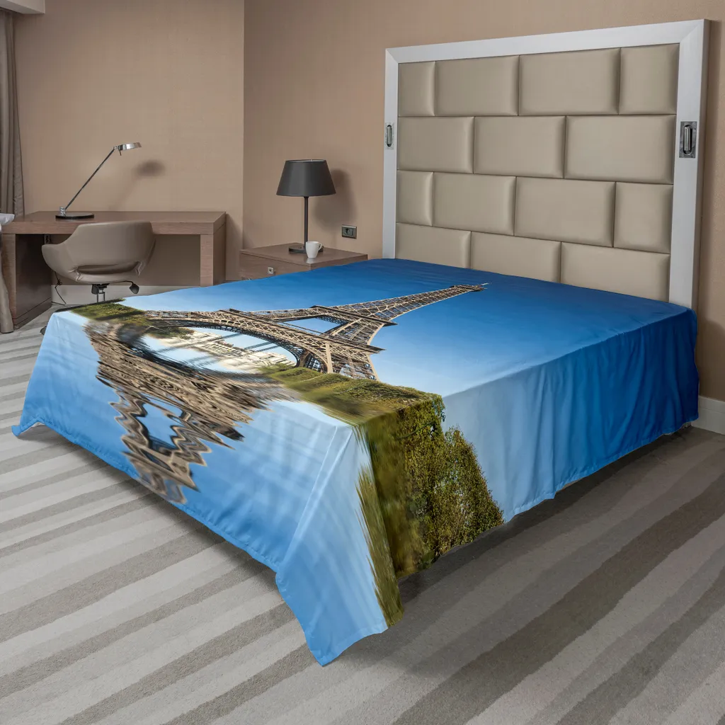 ABAKUHAUS Paris Lenzuolo, La famosa Torre Eiffel si riflette sull'acqua Architettura storica francese, morbido e confortevole lenzuolo superiore per un letto decorativo 1 pezzo 260 cm x 228 cm, verde blu grigio