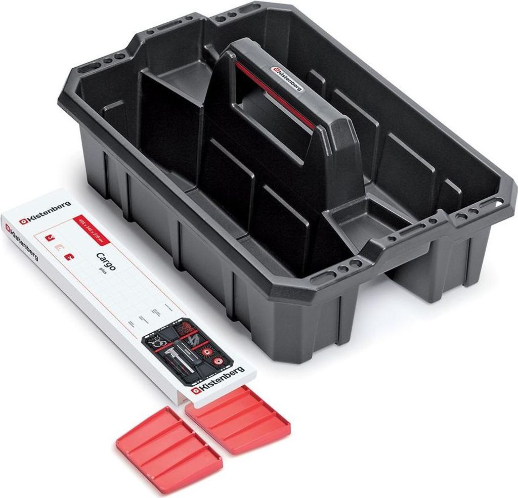 A black plastic tool carrier with red accents and a white box with product information.