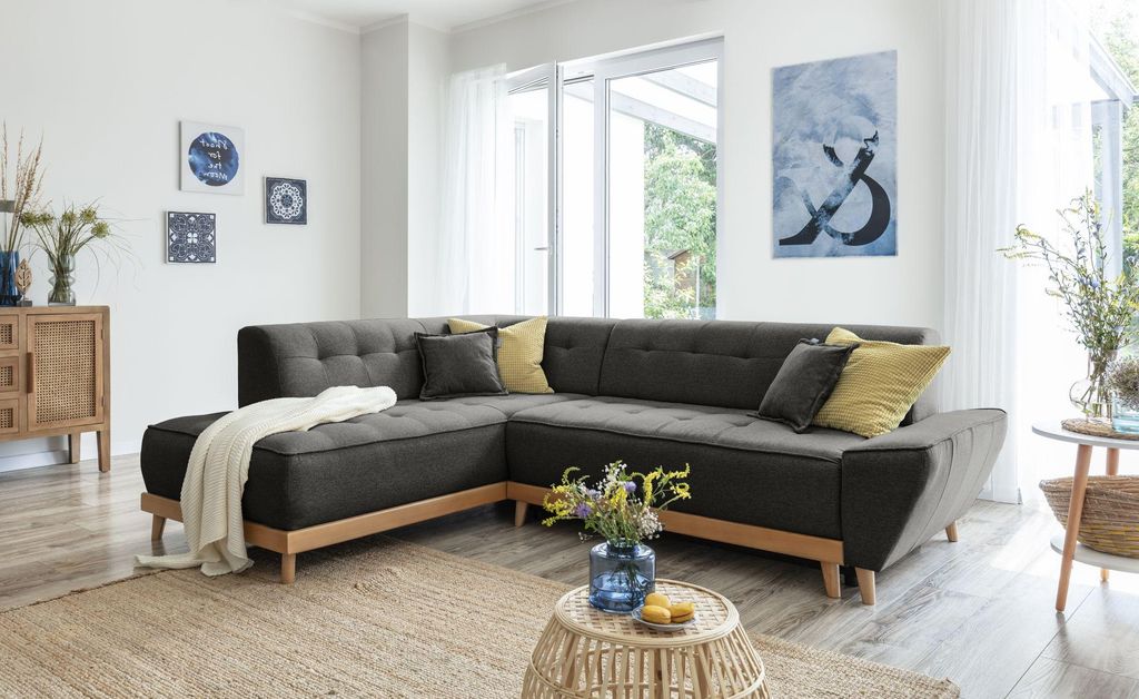 MIUFORM Dazzling Daisy - Ecksofa mit Bettfunktion und Bettkasten L-FORM LINKS - 253x190cm - Anthrazit - Sofa Schlafsofa Couch