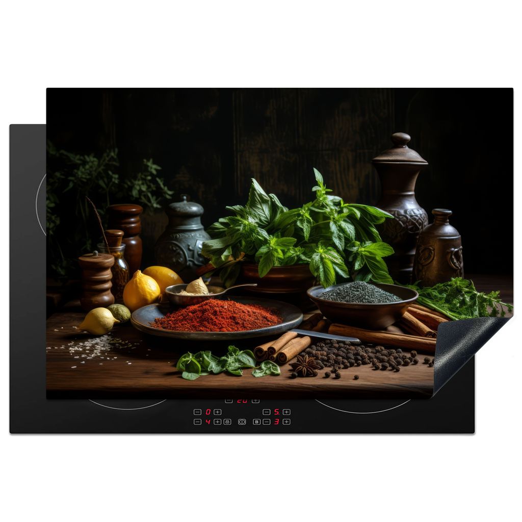 KitchenYeah Herdabdeckplatte Stilleben - Kräuter - Schwarz , 77x51cm, Küche Deko, Glaskeramikkochfeld Herdabdeckung, Abdeckplatte fùr Kochfeld
