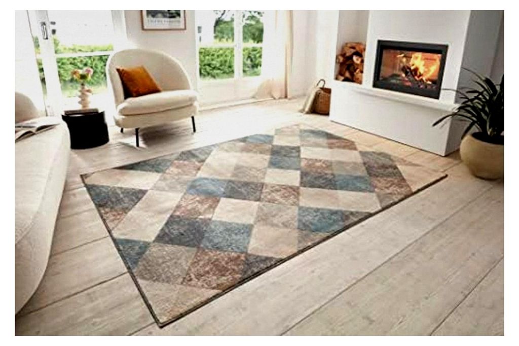 Designer Teppich für das Wohnzimmer – Kurzflor, modernes geometrisches Rautenmuster, Flachgewebe für Esszimmer, Kinderzimmer, Jugendzimmer, Flu...