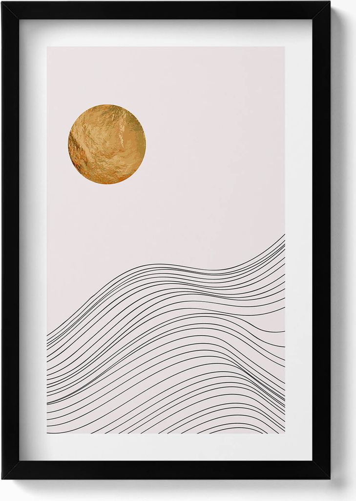 Boho abstrakte minimalistische Formen mit Gold– Wandbild mit Rahmen – Gerahmtes Bild – Wanddekoration – 40x60 cm – Schwarz