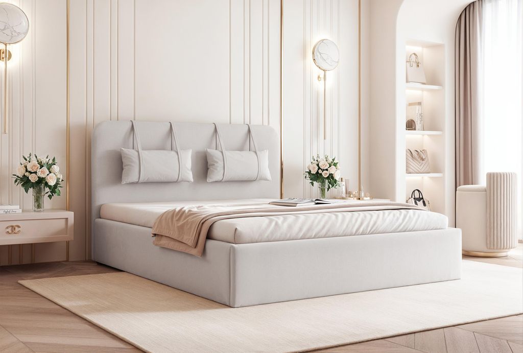 BESILIO Bett mit Stauraum aus Holzplatte 180x200 Monti – schlankes Bett mit abnehmbaren Zierkissen, Lattenrost und Bettkasten – Hellgrau