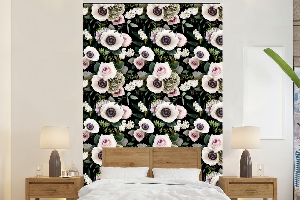MuchoWow Fototapete für Wohnzimmer oder Schlafzimmer Wandtapete Vinyl Motivtapete Blumen - Anemone - Collage - 180x280 cm - Wallpaper