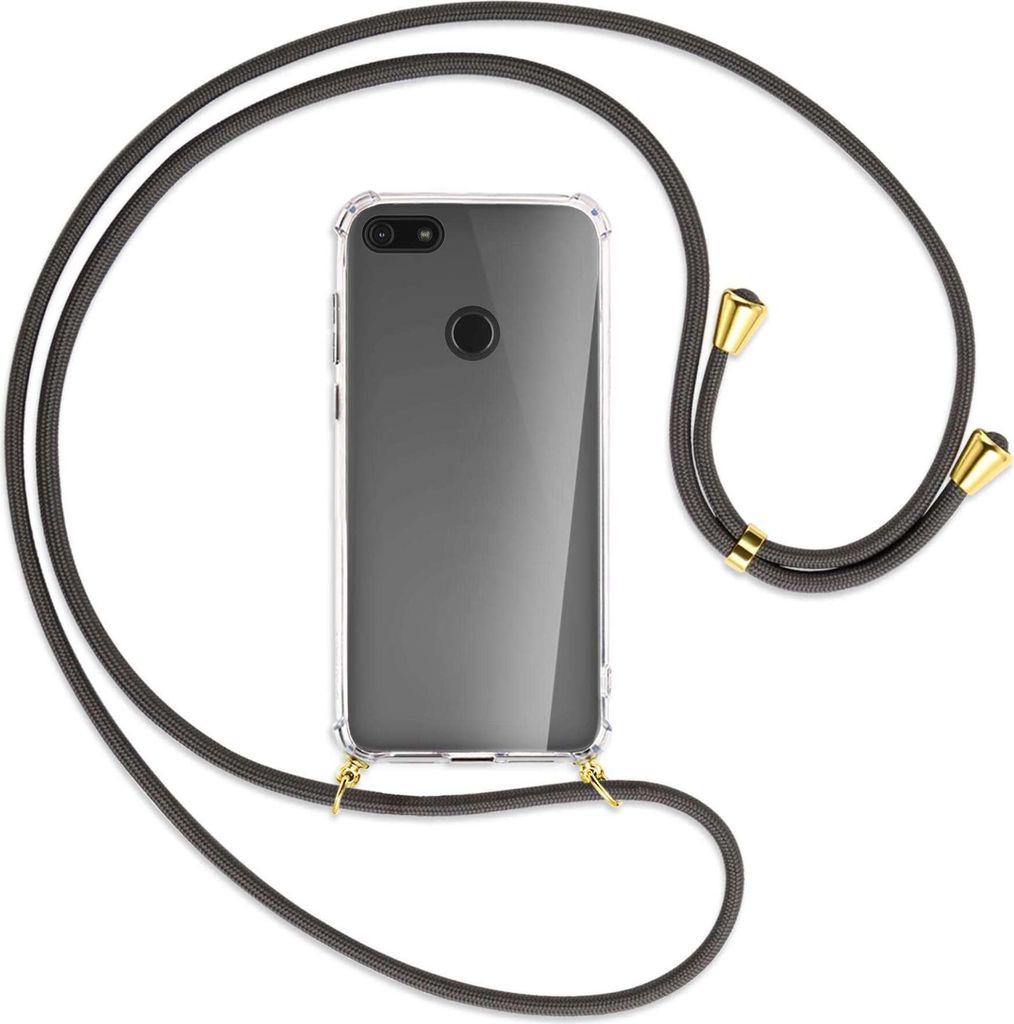 Handykette Backcover-Schutzhülle mit Band (Metall goldfarben) für Motorola Moto E6 Play - dunkelgrau