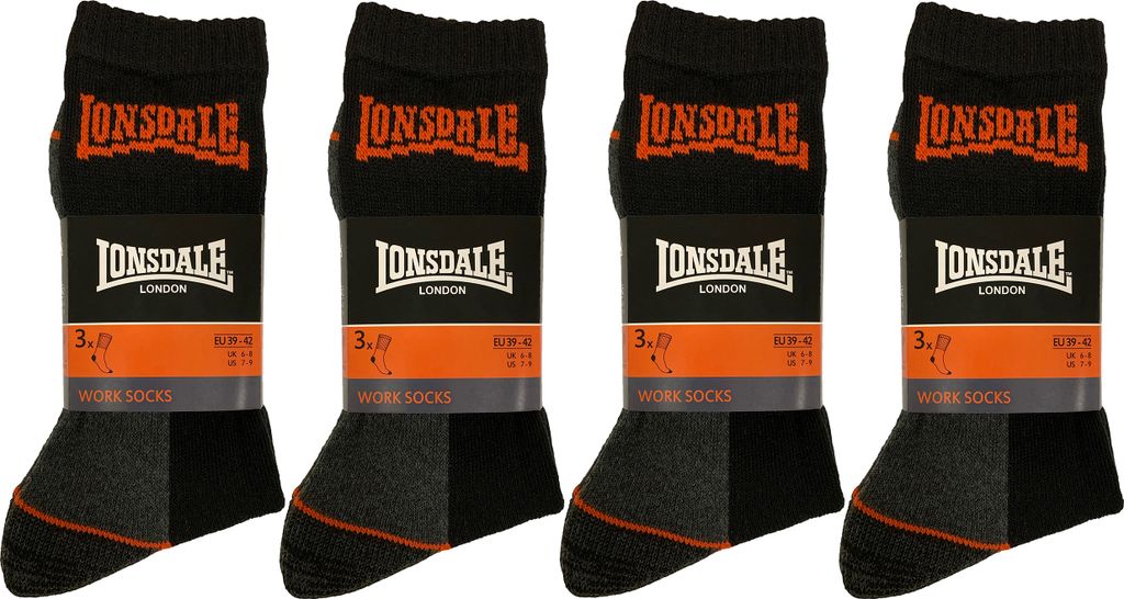 Lonsdale 12 Paar Arbeitssocken Socken Wadenhöhe-Verstärkte Ferse und Spitze-Baumwolle (Schwarz, 39-42)