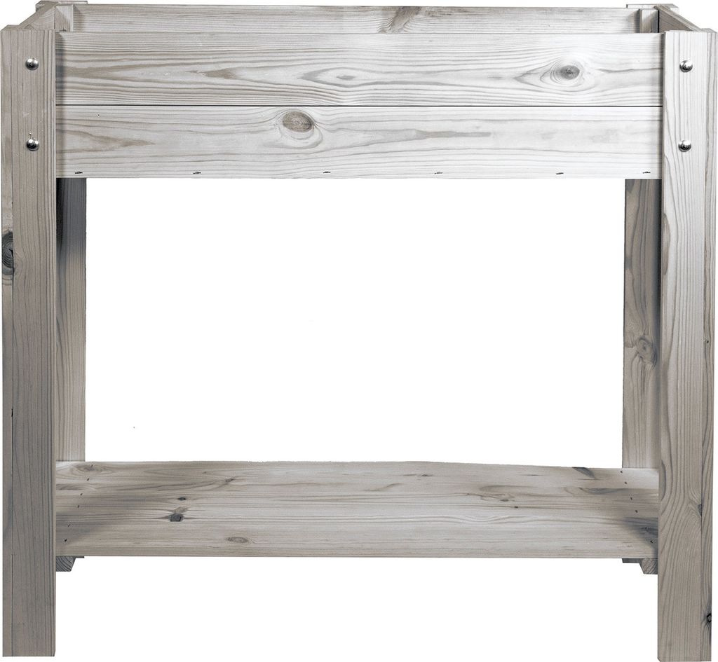 A wooden raised garden bed on a white background.