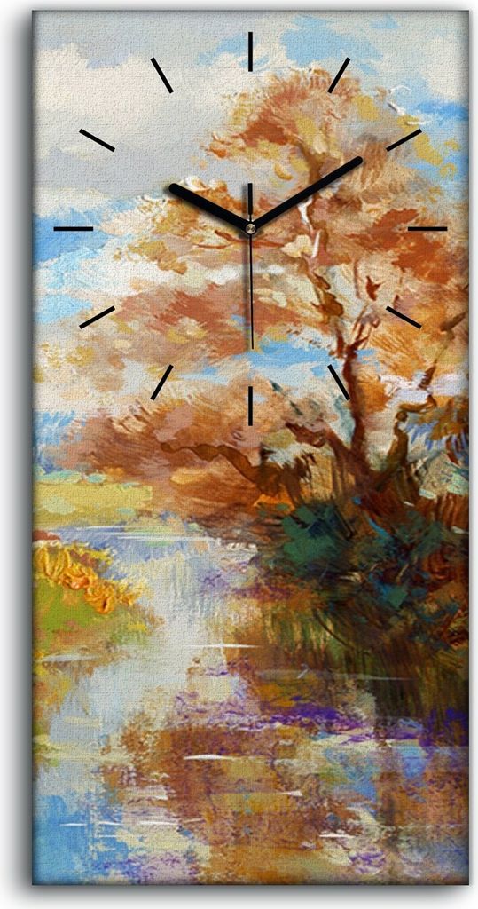 Wandbild Leinwand Bilder mit Uhr 30x60 Malerei Bäume Fluss Himmel Wolken - schwarze Hände