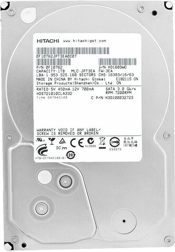 The image shows the top view of a Hitachi hard disk drive with its label clearly visible.