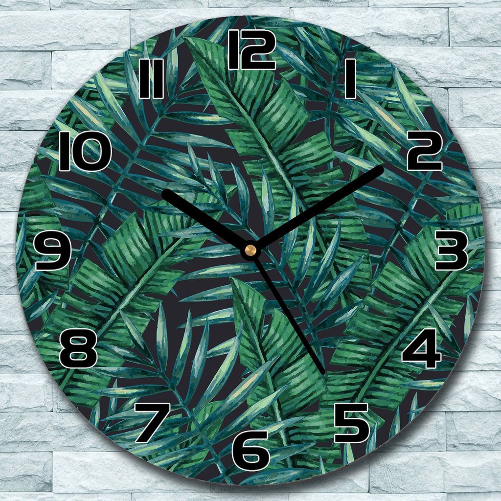 Wanduhr aus Glas Rund fi 30 Palmblätter grün Quarz Deko Produktbild 