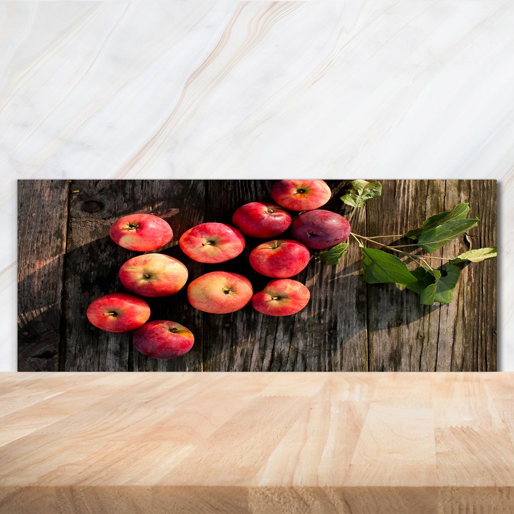 Tulup Küchenrückwand Spritzschutz aus Glas -125x50 -Spritzschutz auf gehärtetes Glas Deko Essen & Getränke Äpfel Tisch