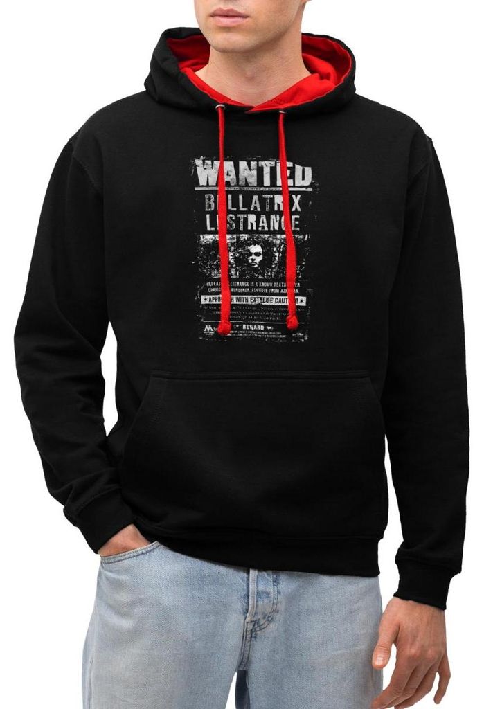 Spreadshirt Harry Potter Bellatrix Lestrange Wanted Poster Uni Kontrast Hoodie, M, Schwarz/Rot