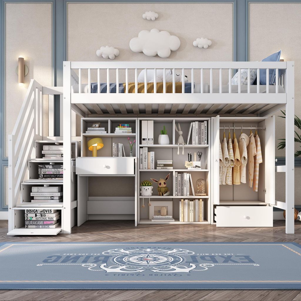 Kinderbett 90x200cm, Treppe Links und Rechts Installbar, Hochbett mit Tisch/Schrank/Treppen/Regal, Bett mit Stauraum, Rausfallschutz, Ohne Matratze