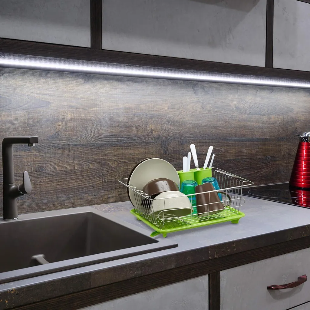 Égouttoir inox vert avec porte-couverts HBD, système de drainage 155cm