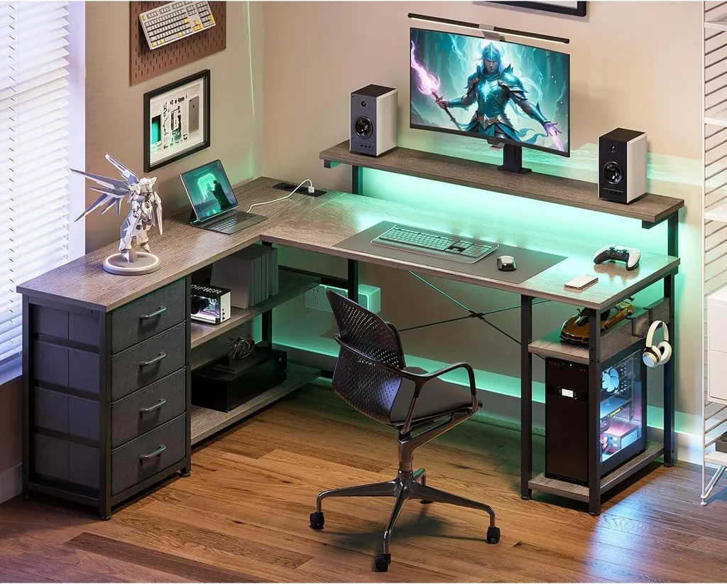 Bureau d'angle gaming avec LED et tiroirs de rangement ODK - 2