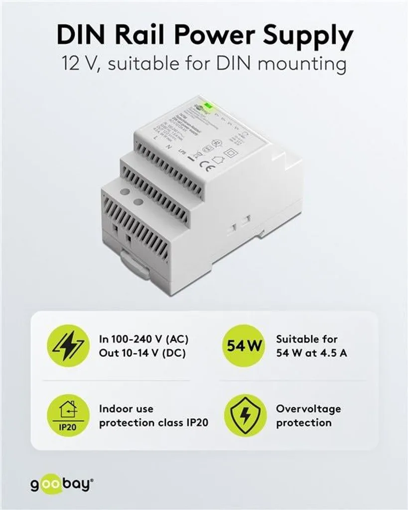 Bloc d'Alimentation 12V DC sur Rail DIN 54W pour Tableau Électrique