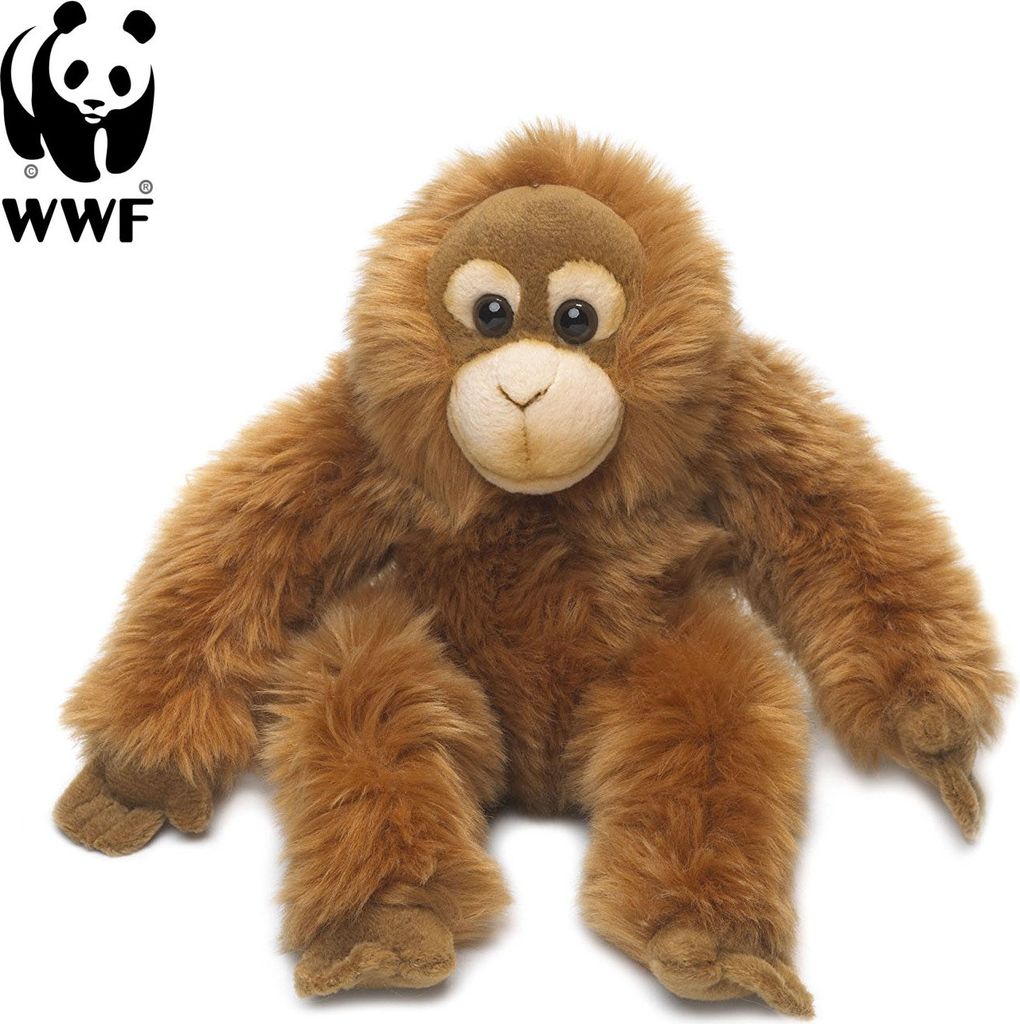 A plush orangutan toy is shown against a white background, with the WWF logo in the top left corner.