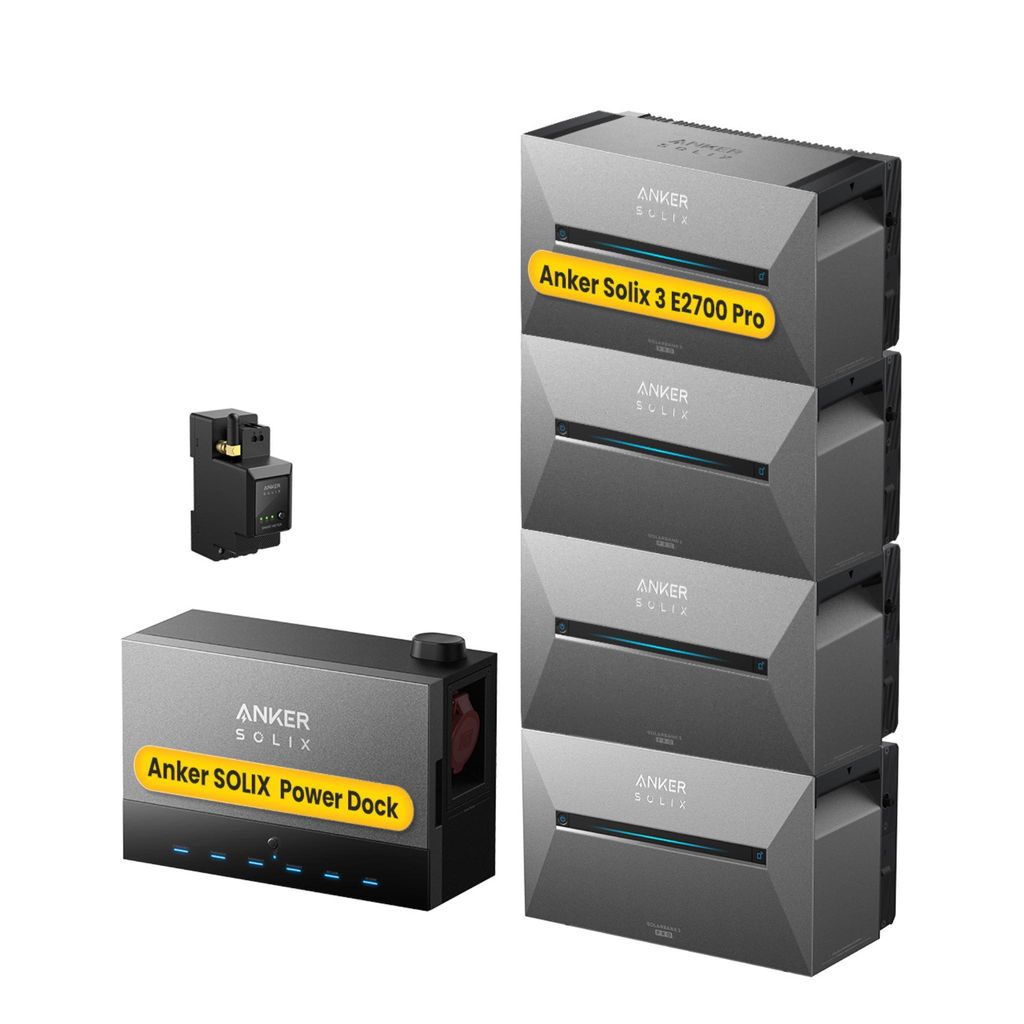 Powerness Balkonkraftwerk mit Speicher, Anker Multisystem SOLIX Solarbank Power Dock mit 4x Solarbank 3 E2700 Pro Speicher und Anker Smart Meter