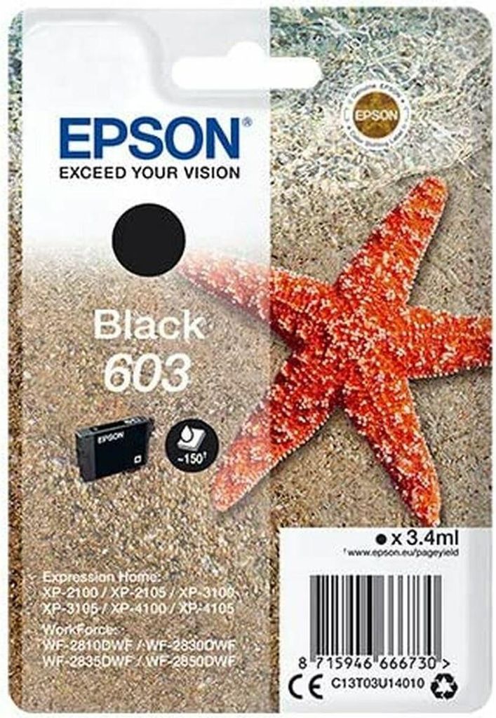 Packaging for an Epson ink cartridge with a starfish on a sandy background.