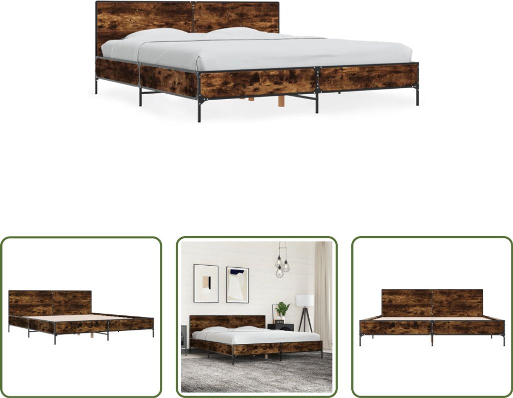 The Living Store Bettgestell Räuchereiche 200x200 cm Holzwerkstoff und Metall