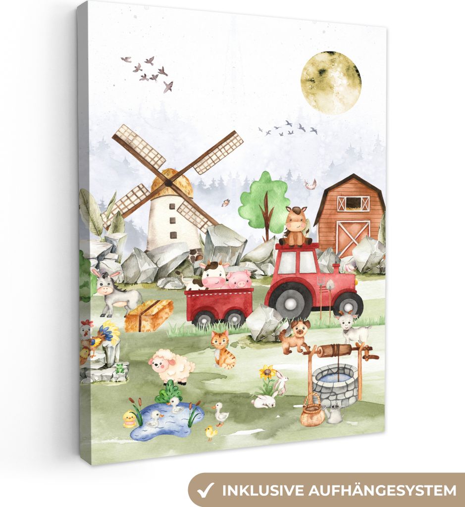 MuchoWow - Leinwandbilder - Bauernhof - Traktor - Kinder - Tiere, Wandbild, Wanddeko Bilder Wohnzimmer, 60x80 cm