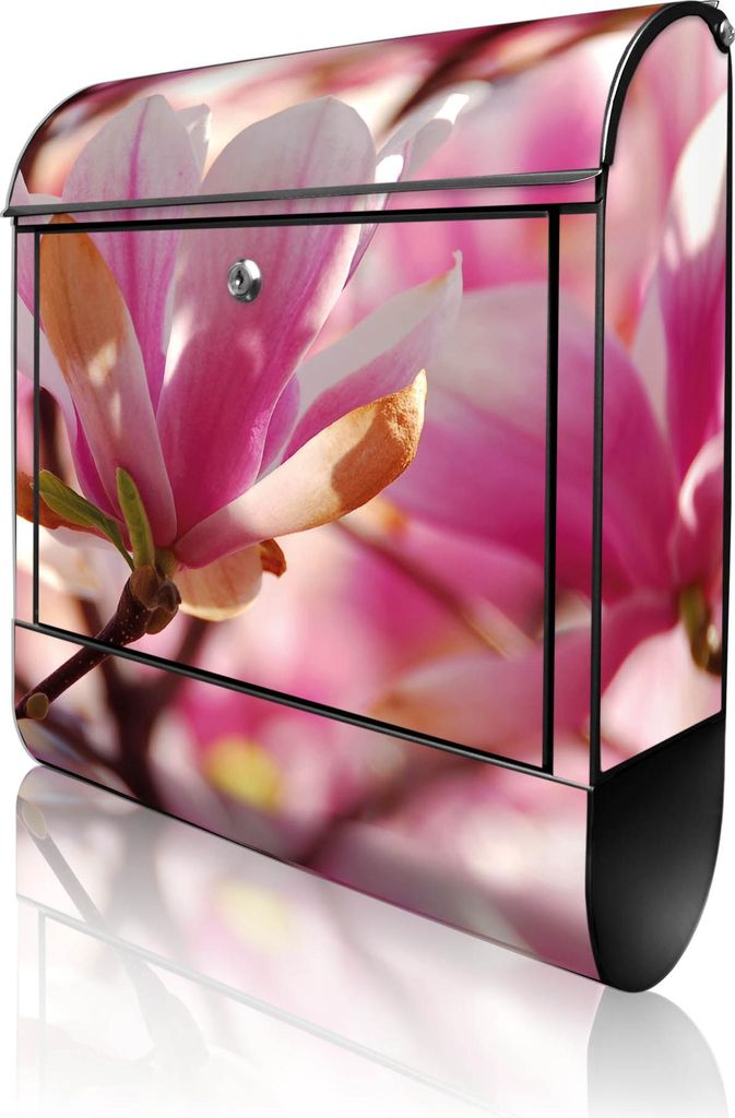 banjado Design Briefkasten Stahl schwarz mit Zeitungsfach pulverbeschichtet "Magnolia" 38x46x12,5cm & 2 Schlüssel - Postkasten A4 Einwurf inkl. Mo...