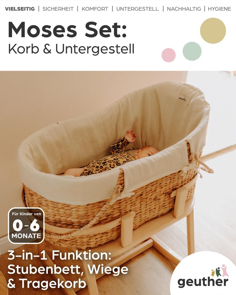 GEUTHER Moses Set Mint | Korb & Untergestell | Babywiege & Produktbild 
