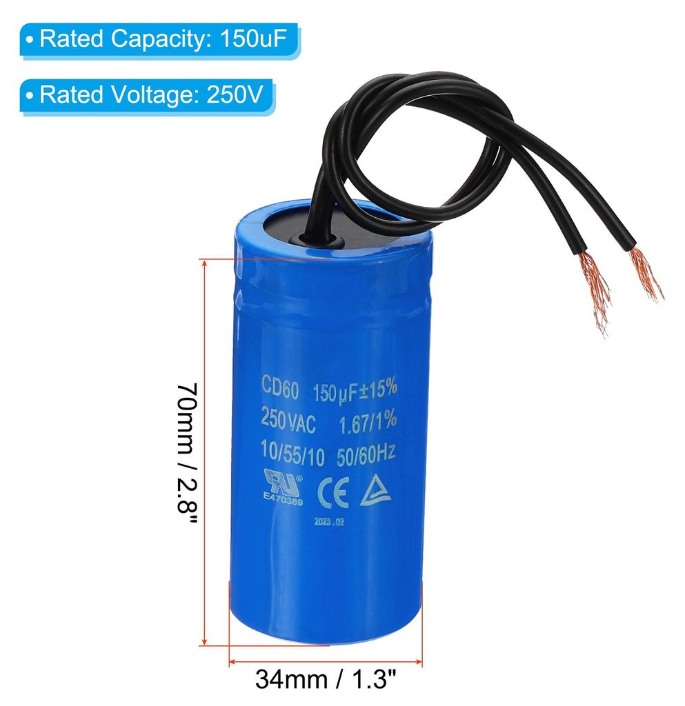 2 Stš¹ck CD60 Betrieb Kondensator, 150ŠÌF 250V AC 50/60Hz Start Motorkondensator fš¹r Wechselstrom-Einphasenmotor mit 2 Schwarz Draht, Blau