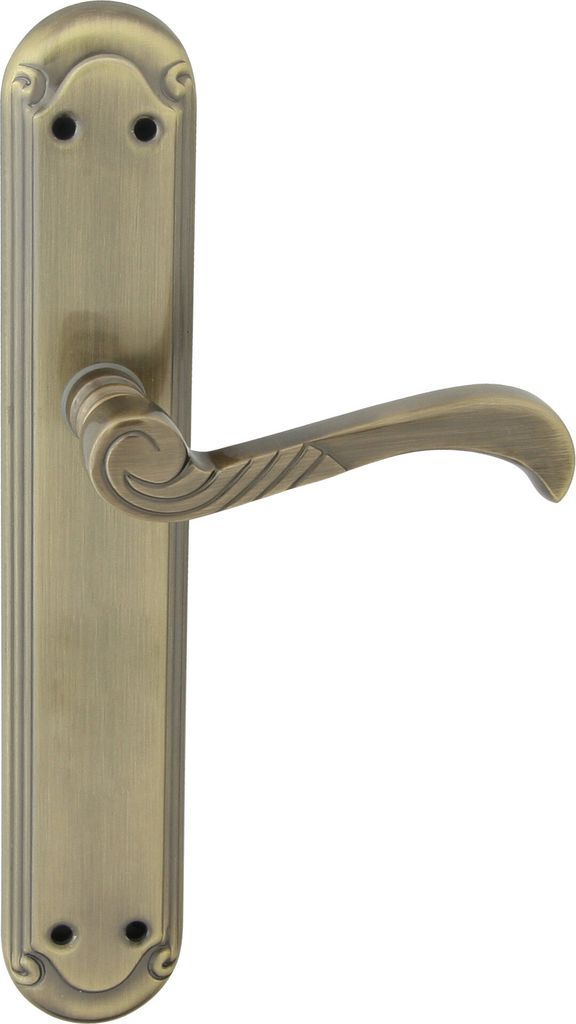 A close-up studio shot of a bronze-colored door handle with a long backplate, isolated on a white background.