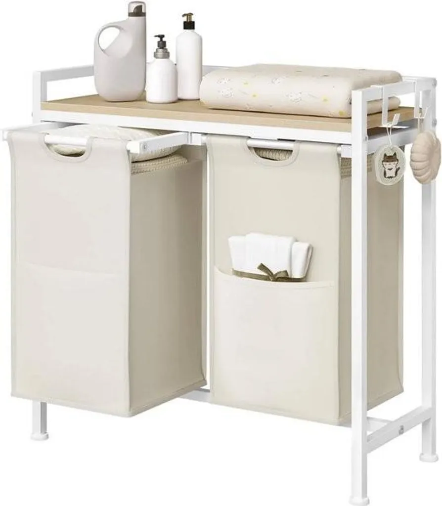 Meuble panier à linge double avec étagère en bois et cadre blanc épuré