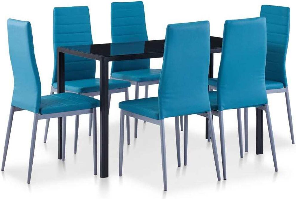 Essgruppe 7-teilig für 6 Personen Blau mit gehärtetem Glastisch 120x60 cm und gepolsterten Stühlen