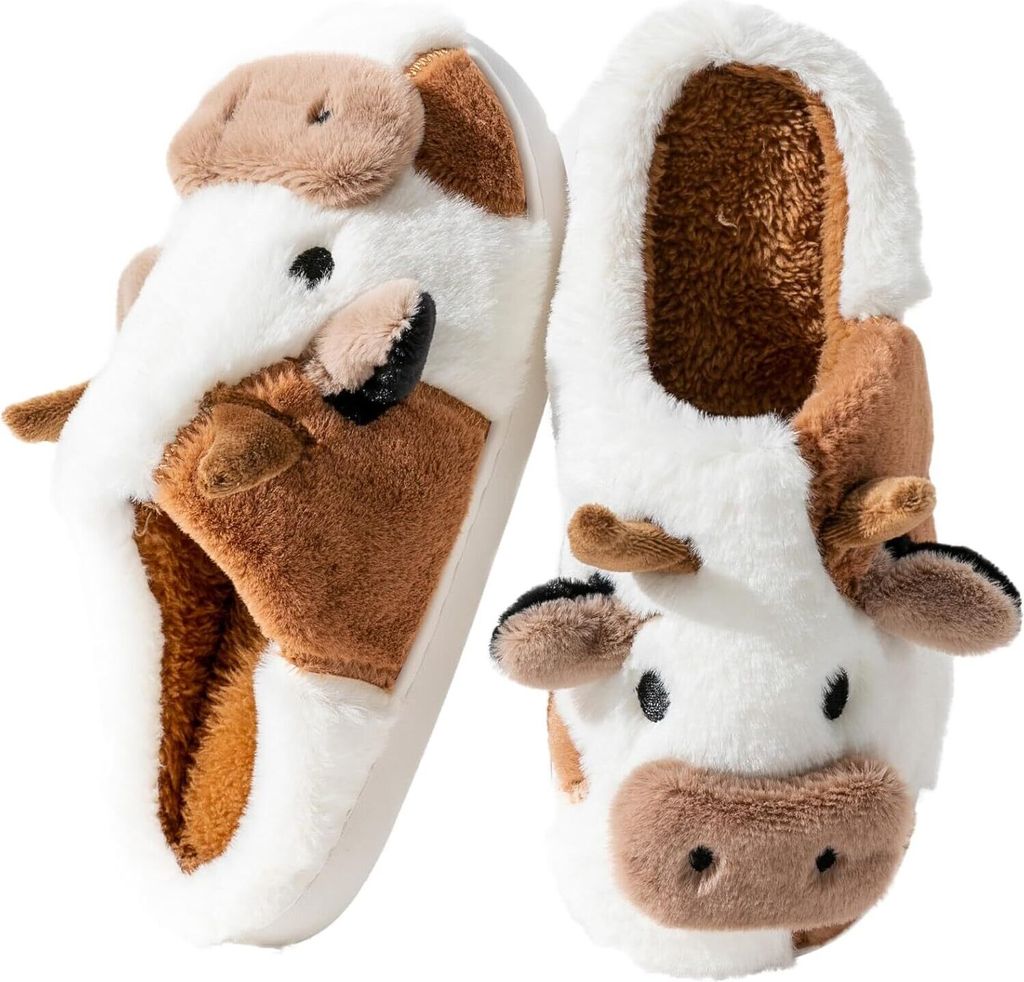ASKSA Kuh Hausschuhe Uni Cow Slippers Flaumig Pluesch Warme Schuhe Niedliche Cartoon Hauspantoffeln, Braun, Groesse: 38-39