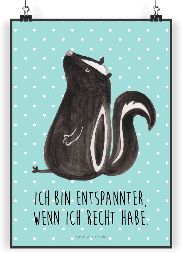 Mr. & Mrs. Panda Bild Stinktier Sitzen DIN A4 - Türkis Pastell - Geschenk, kunstdruck poster, Recht, Büro, Deko, drucke, wanddeko, Spruch, Raubti...