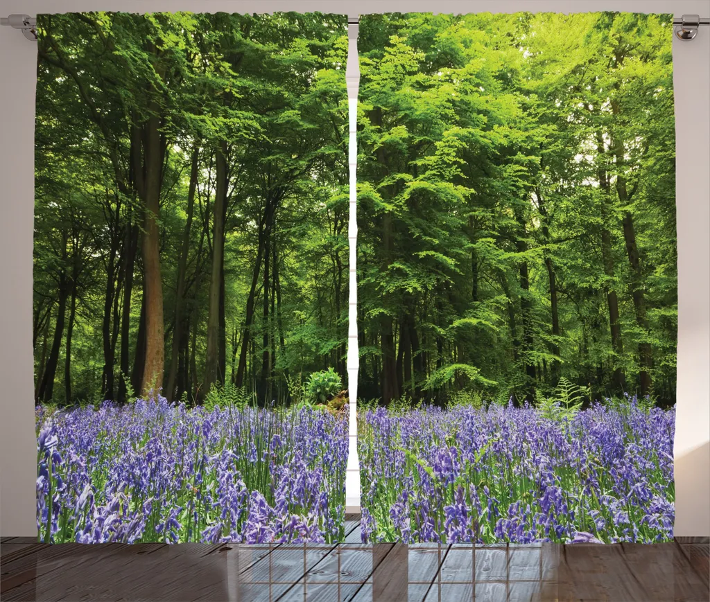 Rideau à Fleurs Bleues et Ruban Froncé - Textile Rustique Violet Vert