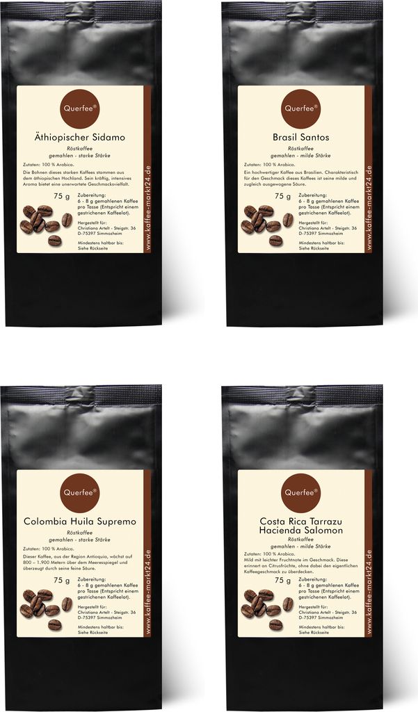 4 x Kaffee im Kaffee Set Plantagenkaffee - Äthiopischer Sidamo, Brasil Santos, Colombia Huila Supremo, Finca La Mejorana - 100 % Arabica Röstkaff...