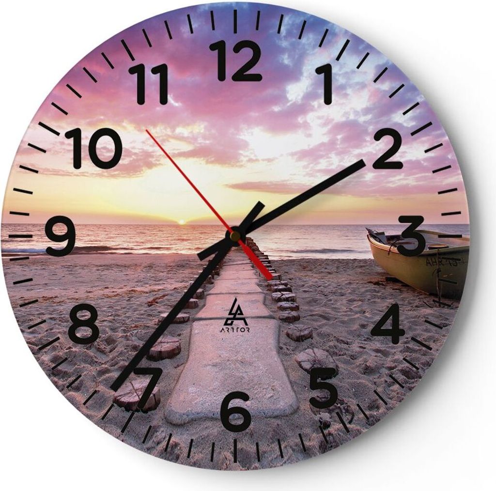 Wanduhr - Rund - Glasuhr - Boot Strand Himmel - 40x40cm - Schleichendes Uhrwerk - Lautlos - zum Aufhängen bereit - Dekoration Modern - Wanddekorat...