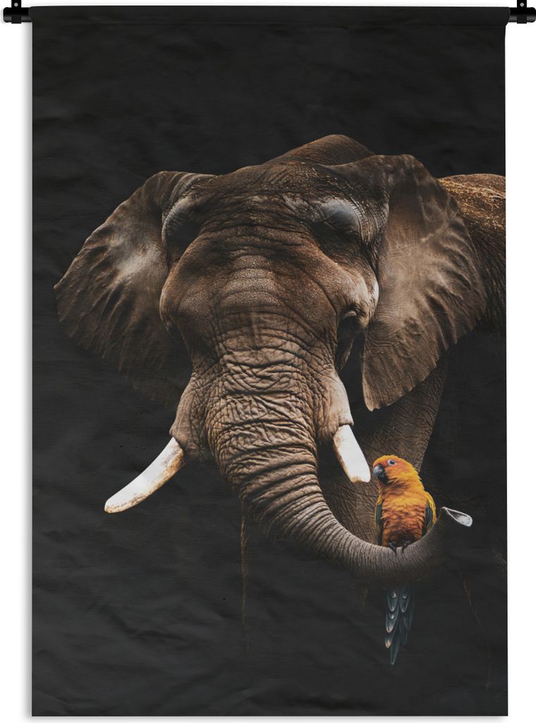 MuchoWow Wandteppich Wandbehang Elefant - Schwarz - Papagei 90x135 cm Tapisserie Dekoration Wandtuch - Baumwolle - Wandskulptur