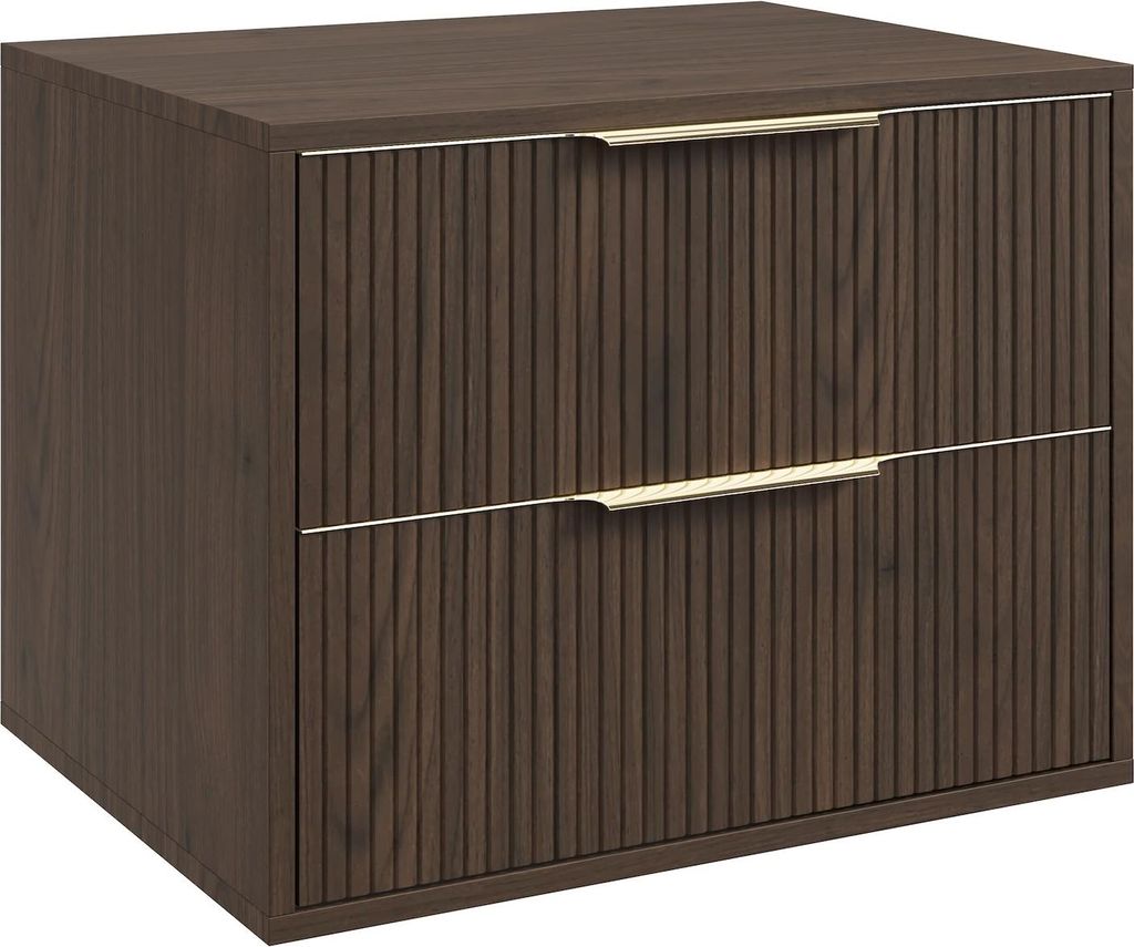 A dark brown wooden cabinet with two drawers and gold handles, shown from a front-side angle against a white background.