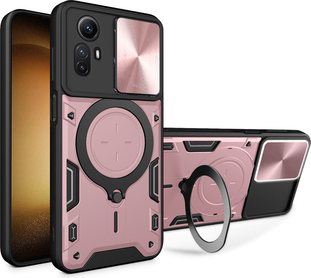 Handyhülle für Xiaomi Redmi Note 12S Dual-Layer Stoßfest Rüstung Hülle mit Dia Kameraschutz und Kreisförmig Ring Ständer Roségold