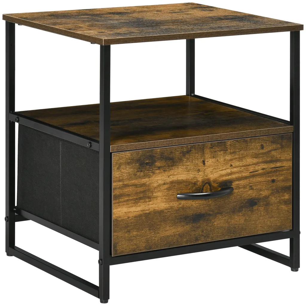 Table de chevet pour petit espace, tiroir tissu et étagère, bois foncé