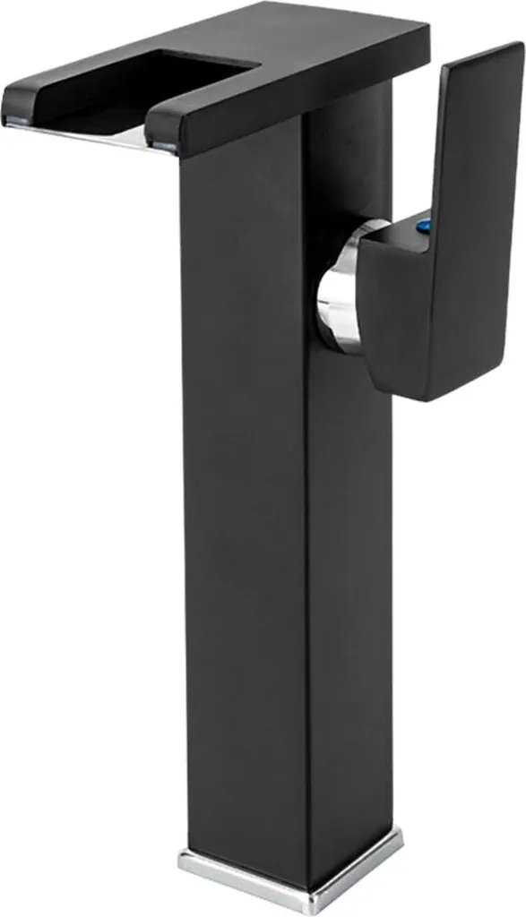 Miscelatore per lavabo da appoggio nero, LED 3 colori, bocca a cascata, monocomando, con flessibile