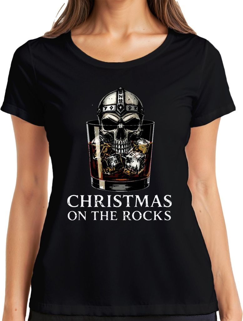 Christmas On The Rocks Whiskey Skull Viking Helm Runen Geschenk Damen T-Shirt, Schwarz, 3XL