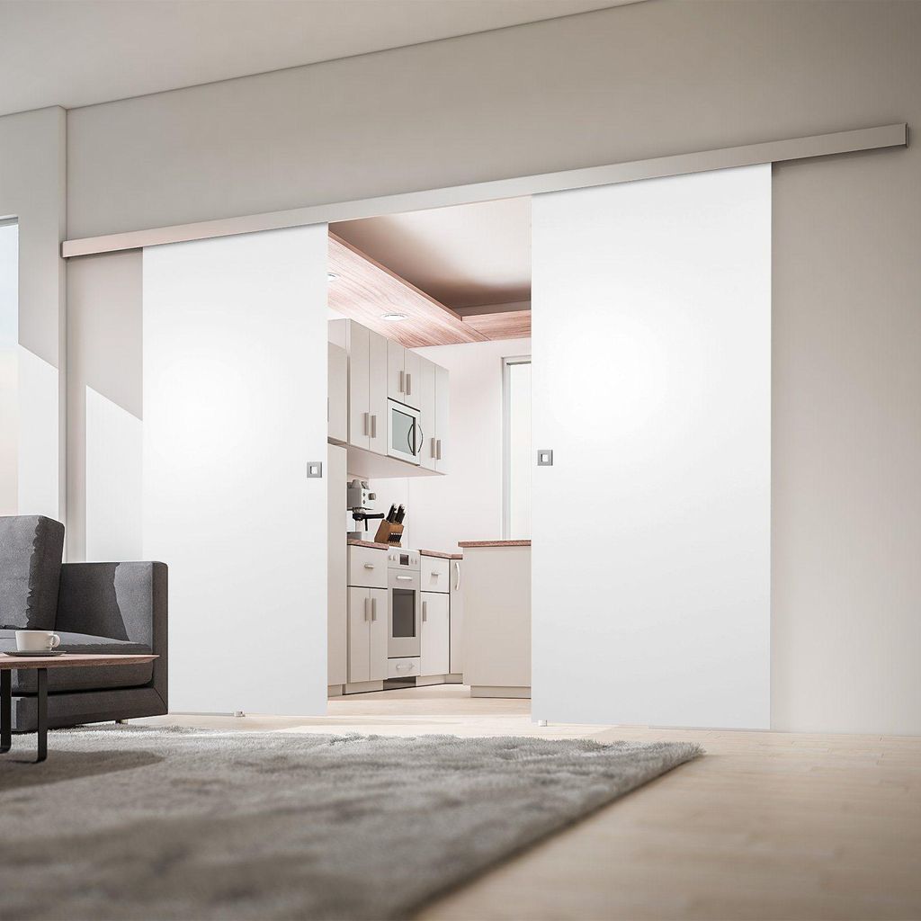 Tür doppelflügelige Schiebetür Holz weiß 1760x2035 Doppel Holztür Schiebetürsystem - Quadratgriff