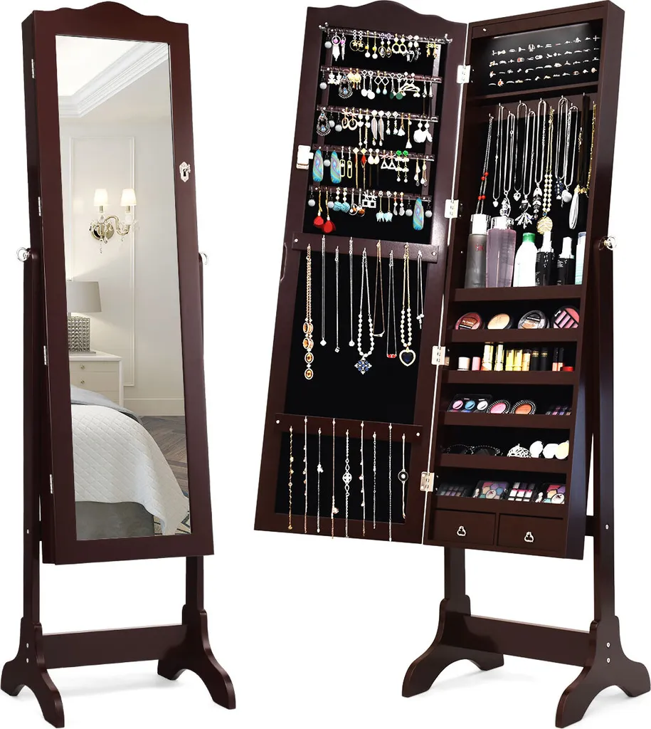 COSTWAY Armadietto per gioielli con 14 luci LED, portagioie con specchio a figura intera richiudibile, armadietto a specchio per gioielli con 4 livelli regolabili per anelli, ganci per collane e orecchini (marrone)