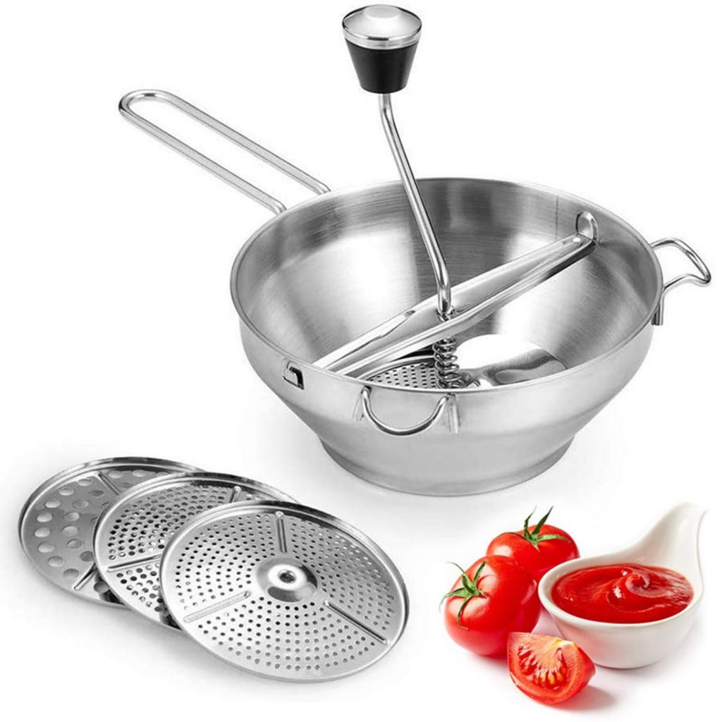 Zimilo Edelstahl Passiermühle, Passiergerät mit 3 Passiersieb, Beerenpresse für Suppe, Marmelade und Baby Brei Saucen, 33 × 20 × 19 cm