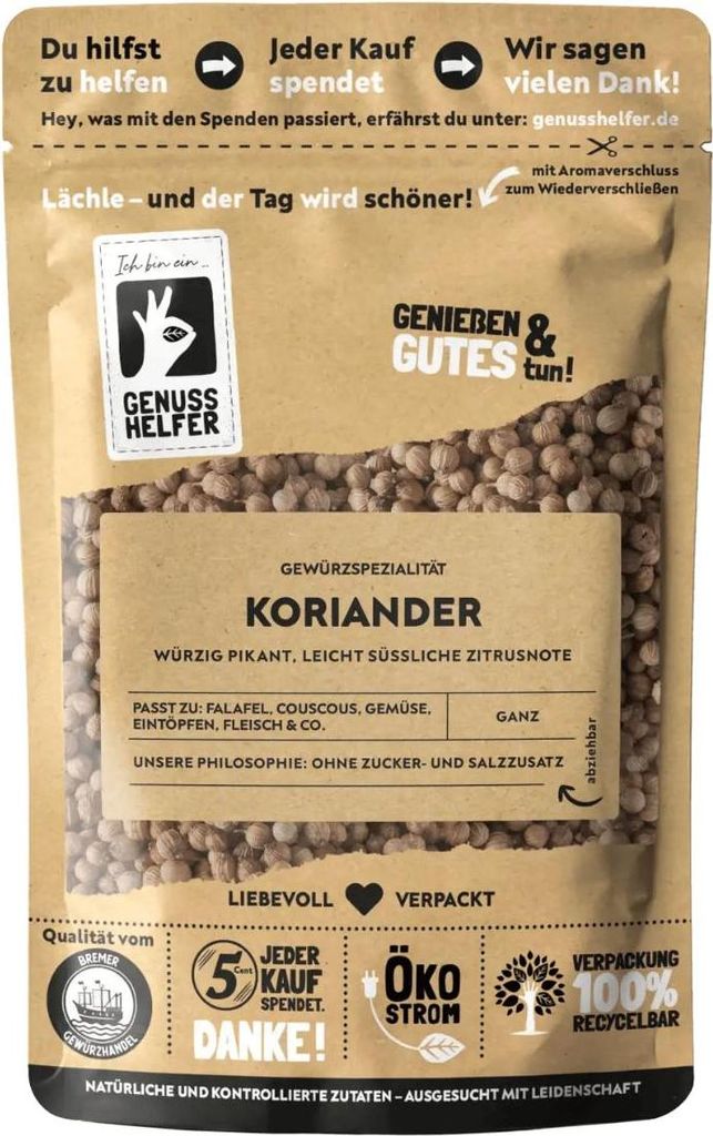 Koriander, ganz, Koriandersamen zum Kochen und Backen, 10 x 75g
