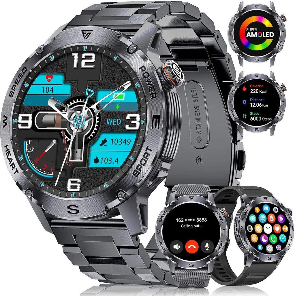 Smartwatch militare da uomo Dremac, 3 bande, 460 mAh, impermeabile 5ATM, 1,43" Amoled, 123 modalità sportive, chiamate Bluetooth, frequenza cardiaca
