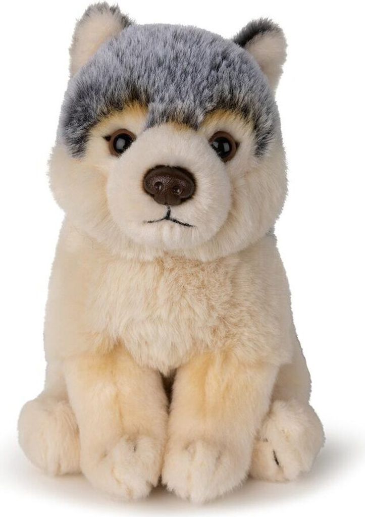 A plush toy wolf sitting on a white background.