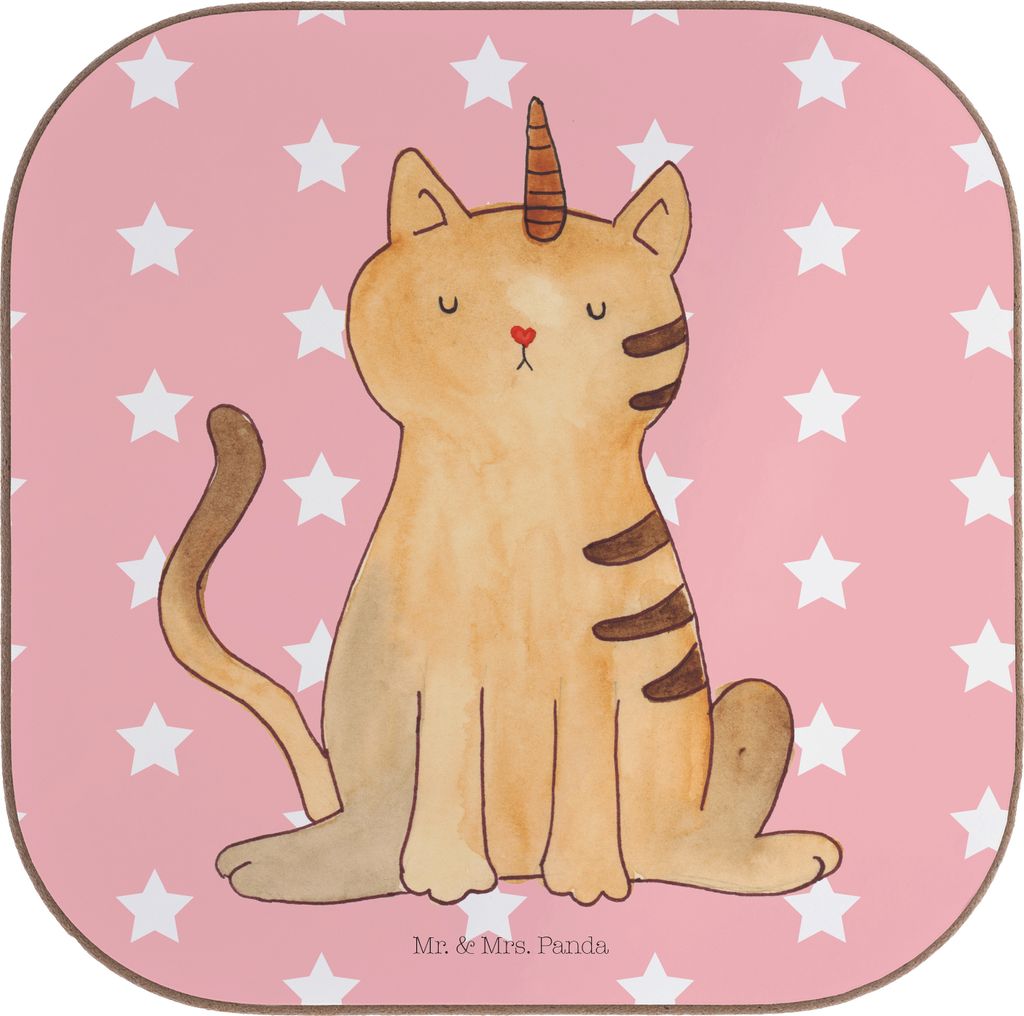 Mr. & Mrs. Panda Untersetzer für Gläser Einhorn Katze - Rot Pastell - Geschenk, Unicorn, Mieze, Coaster, Getränkeuntersetzer, Tassenuntersetzer,...