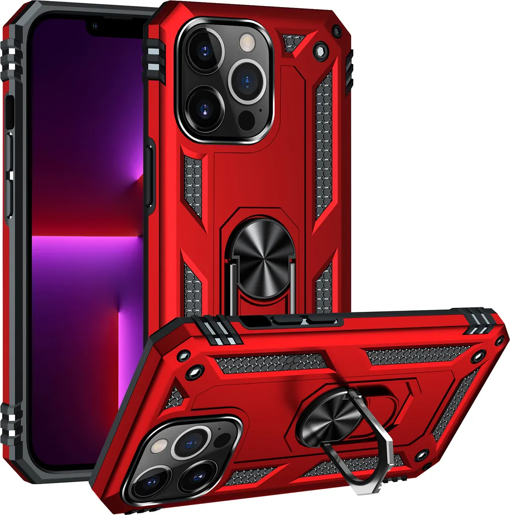 Custodia per iPhone 14 Pro Max a due strati, robusta e con protezione militare, con supporto ad anello e supporto rosso